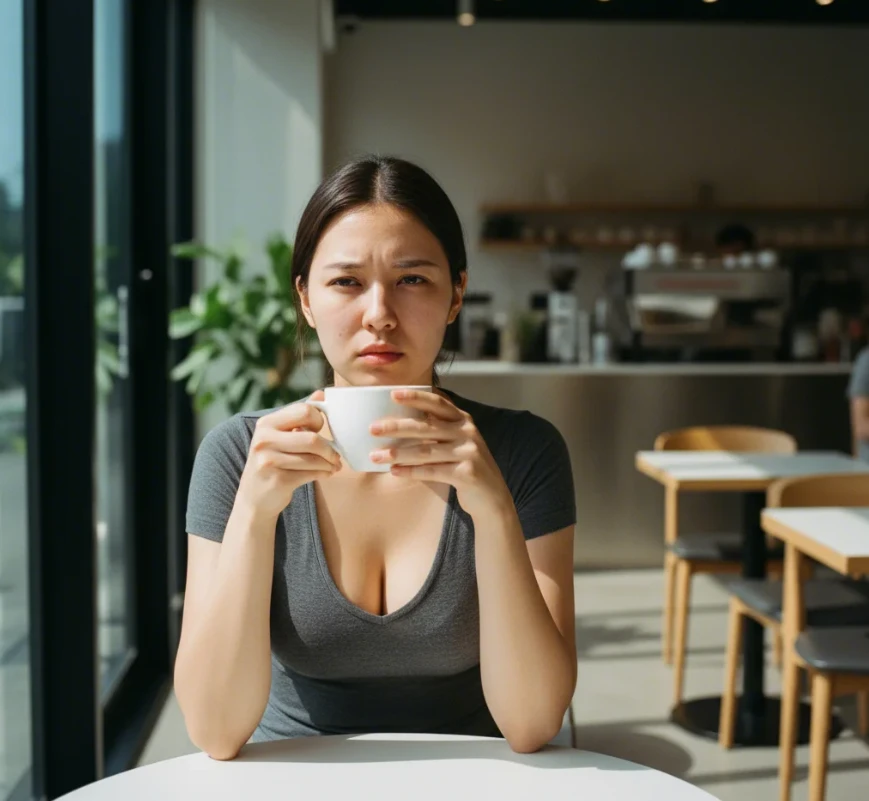 수면 부족으로 피곤해 보이는 20대 한국 여성이 카페 창가에서 커피를 마시는 모습 수면 부족으로 피곤해 보이는 20대 한국 여성이 카페 창가에서 커피를 마시는 모습
