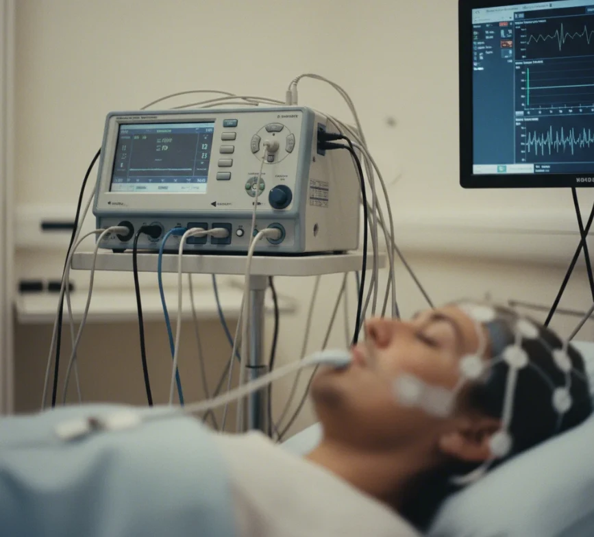 수면 다원 검사를 받고 있는 환자의 머리 부분과 모니터링 장비 클로즈업 사진 수면 다원 검사를 받고 있는 환자의 머리 부분과 모니터링 장비 클로즈업 사진