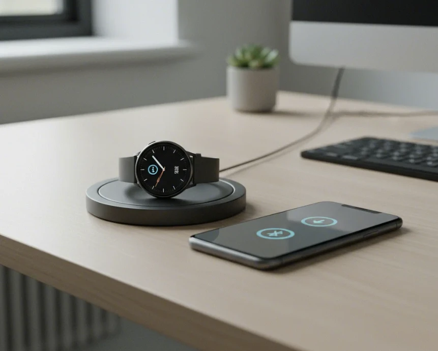 충전 중인 스마트워치와 스마트폰, 그리고 주변의 블루투스 아이콘을 보여주는 깨끗한 책상 위 이미지
