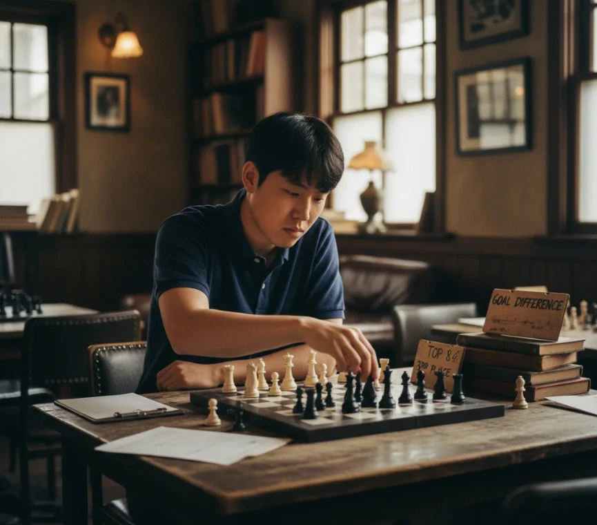 32강 진출 전략을 짜기 위해 체스판을 보며 고심하는 한국 남성 32강 진출 전략을 짜기 위해 체스판을 보며 고심하는 한국 남성