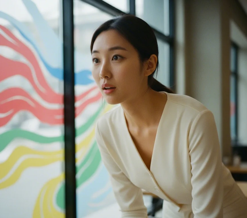 스페인, 프랑스 등 우승 후보 국가들의 유니폼 또는 국기 색깔로 상징되는 배경 앞에서, 월드컵 전망을 생각하는 젊은 한국 여성