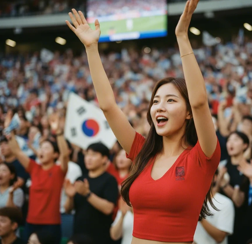 태극기 색상의 옷을 입고 경기장에서 열렬히 한국 팀을 응원하는 젊은 한국 여성 팬