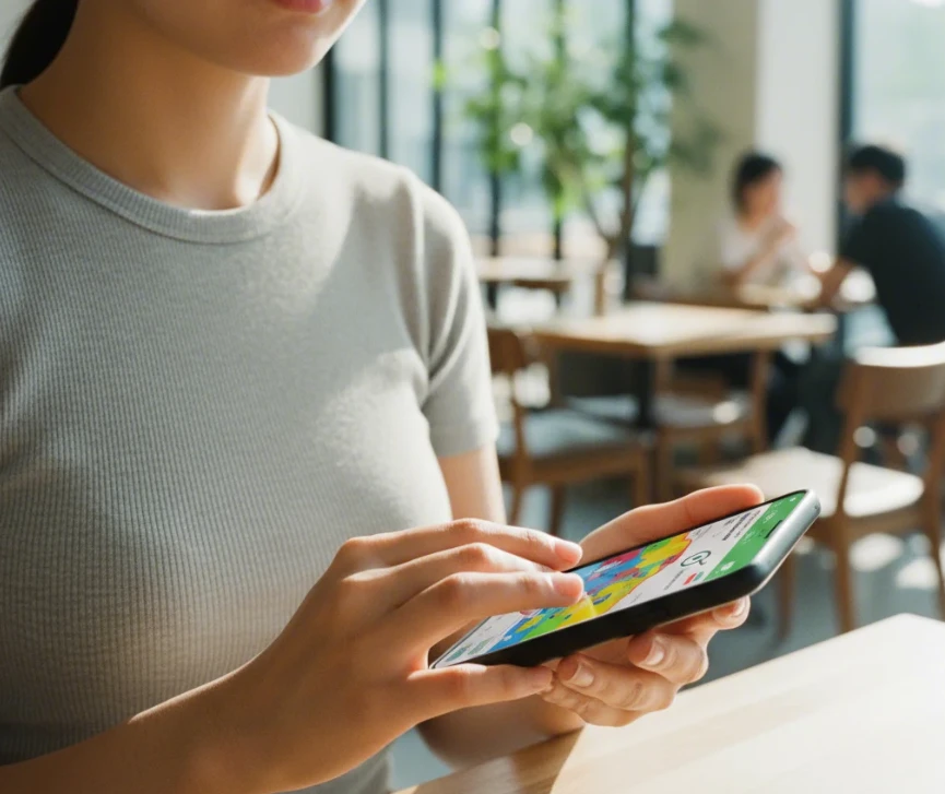 부동산 규제지역 확인 앱을 사용하는 한국 여성의 손 클로즈업 사실적인 사진