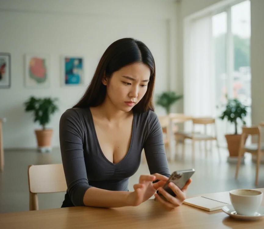 미니멀한 책상 위에서 안드로이드 스마트폰을 만지며 앱 강제 종료 문제를 해결하려는 한국 여성 미니멀한 책상 위에서 안드로이드 스마트폰을 만지며 앱 강제 종료 문제를 해결하려는 한국 여성