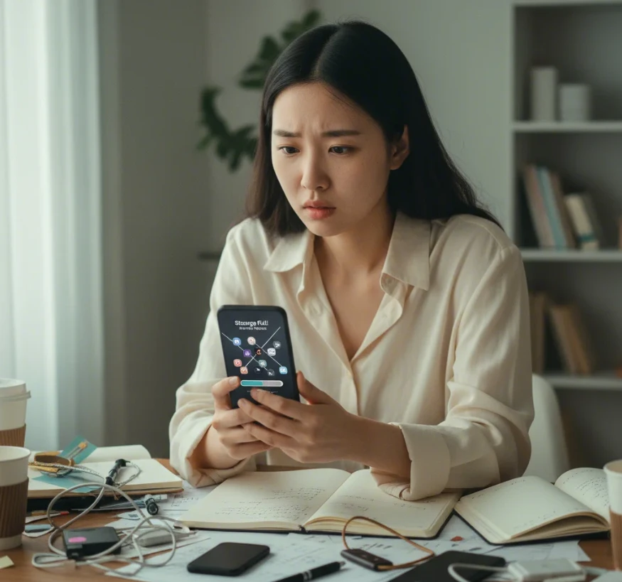 저장 공간 부족으로 앱 충돌 문제를 겪는 스마트폰 화면을 응시하며 난감해하는 한국 여성 저장 공간 부족으로 앱 충돌 문제를 겪는 스마트폰 화면을 응시하며 난감해하는 한국 여성