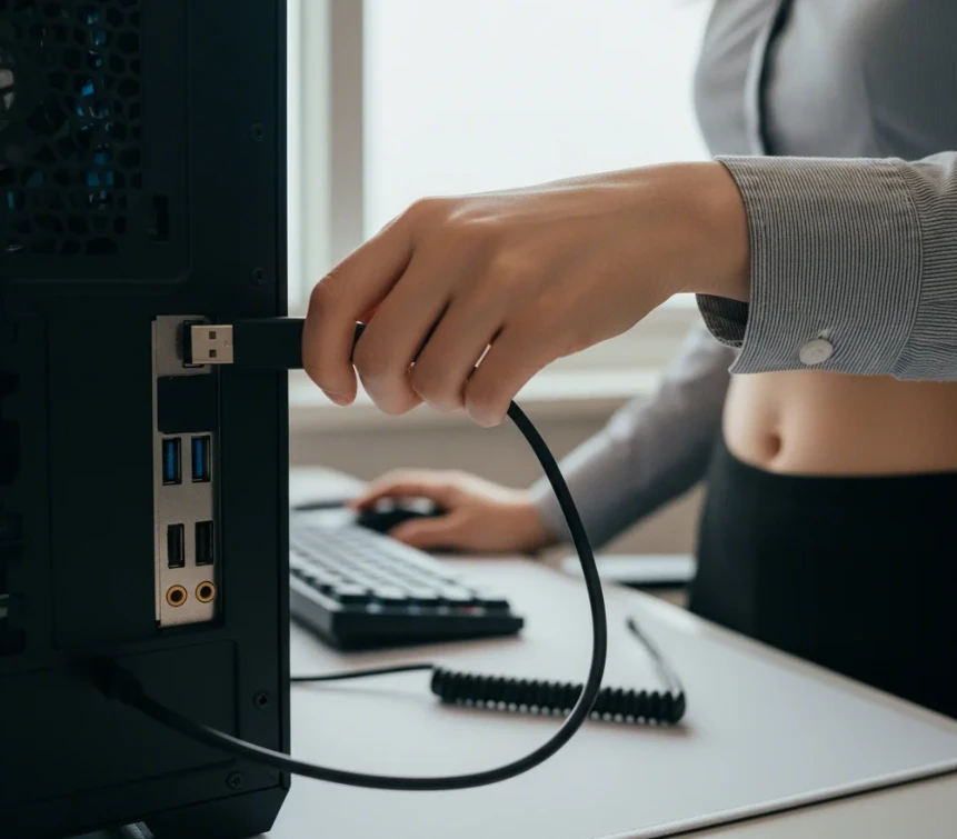 컴퓨터 본체 후면 USB 포트에 외장하드 케이블을 연결하는 모습