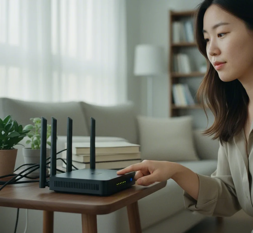 라우터, 모뎀, 프린터, 컴퓨터의 전원 코드를 뽑고 재연결하는 모습 라우터, 모뎀, 프린터, 컴퓨터의 전원 코드를 뽑고 재연결하는 모습