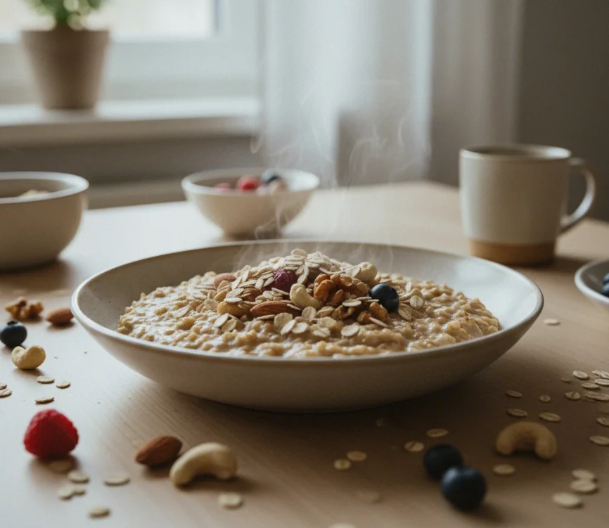 고급스러운 그릇에 담긴 오트밀과 주변에 놓인 통곡물, 꿀, 견과류의 클로즈업 사진 고급스러운 그릇에 담긴 오트밀과 주변에 놓인 통곡물, 꿀, 견과류의 클로즈업 사진