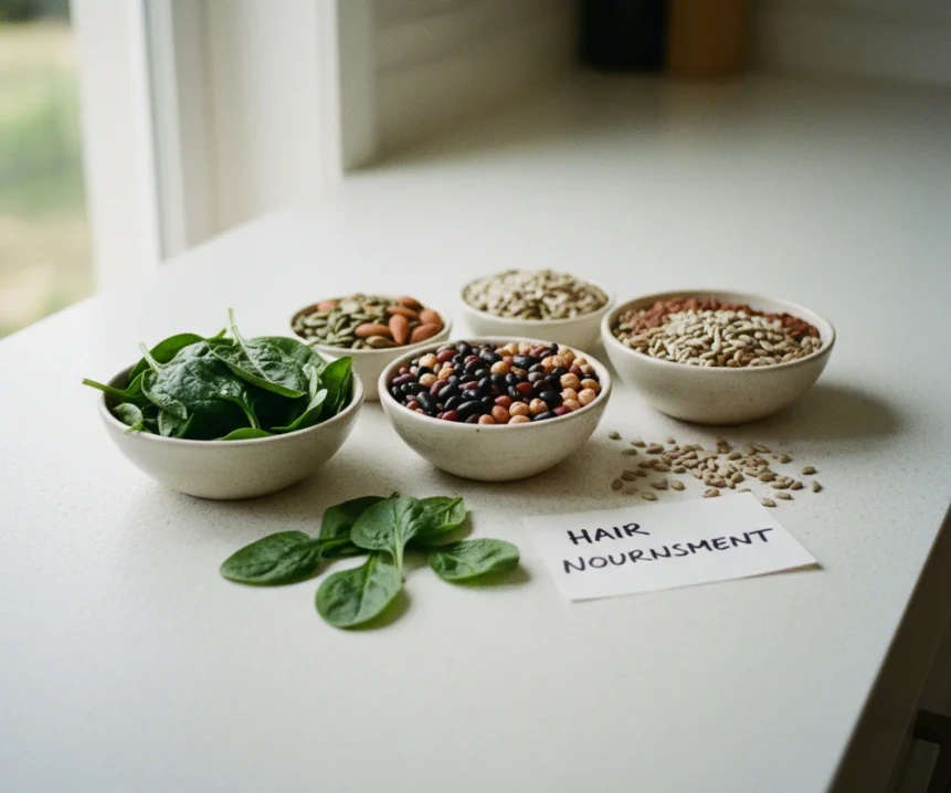 단백질이 풍부한 콩, 철분이 많은 시금치, 아연이 있는 견과류가 함께 담긴 작은 접시들의 배열 단백질이 풍부한 콩, 철분이 많은 시금치, 아연이 있는 견과류가 함께 담긴 작은 접시들의 배열