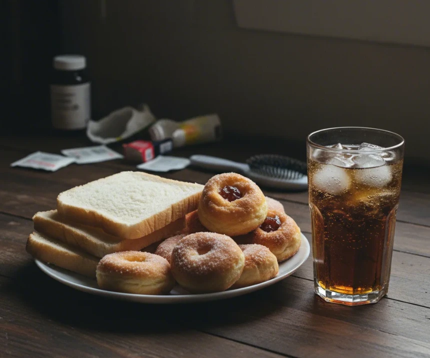 흰 빵, 설탕이 든 패스트리, 탄산음료 등 고당분 음식들이 놓인 테이블의 어두운 분위기 사진 흰 빵, 설탕이 든 패스트리, 탄산음료 등 고당분 음식들이 놓인 테이블의 어두운 분위기 사진