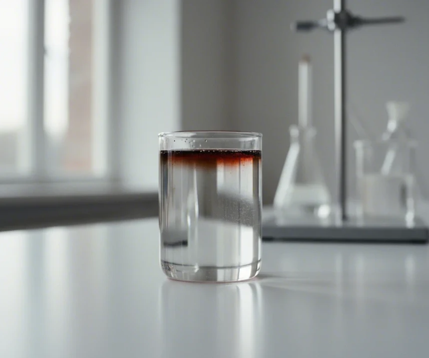 투명한 유리 비커 안의 샴푸 액체가 공기와 접촉하여 서서히 갈색으로 변하는 듯한 과학적 실험 장면 투명한 유리 비커 안의 샴푸 액체가 공기와 접촉하여 서서히 갈색으로 변하는 듯한 과학적 실험 장면