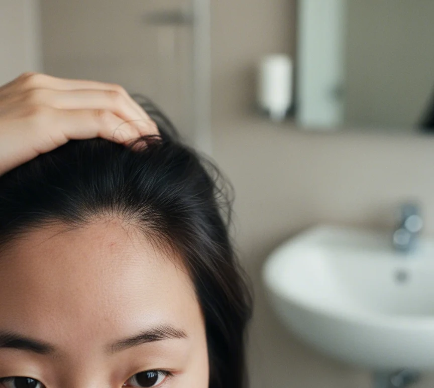 두피의 특정 부위가 붉게 변하거나 자극받은 것처럼 보이는 민감한 두피 상태의 클로즈업 사진 두피의 특정 부위가 붉게 변하거나 자극받은 것처럼 보이는 민감한 두피 상태의 클로즈업 사진