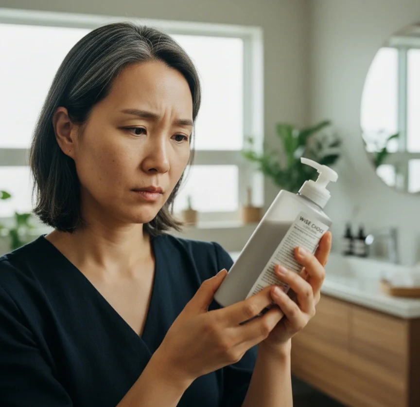 한국 여성이 흰머리 샴푸의 전 성분표를 진지하게 읽으며 확인하는 클로즈업 사진 한국 여성이 흰머리 샴푸의 전 성분표를 진지하게 읽으며 확인하는 클로즈업 사진