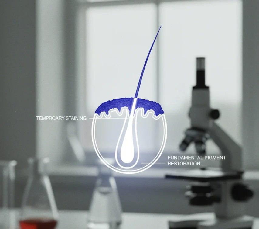 현미경 아래에서 모발의 큐티클 표면에만 색소가 얇게 착색된 모습을 보여주는 과학적인 일러스트를 실제 사진처럼 표현 현미경 아래에서 모발의 큐티클 표면에만 색소가 얇게 착색된 모습을 보여주는 과학적인 일러스트를 실제 사진처럼 표현