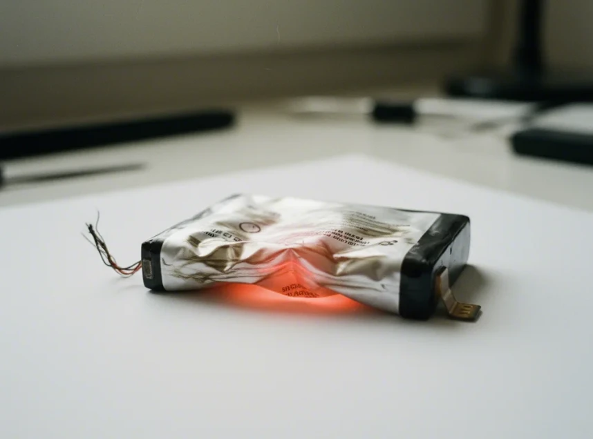 손상된 듯한 스마트폰 배터리 아이콘과 내부 부품을 클로즈업한 모습