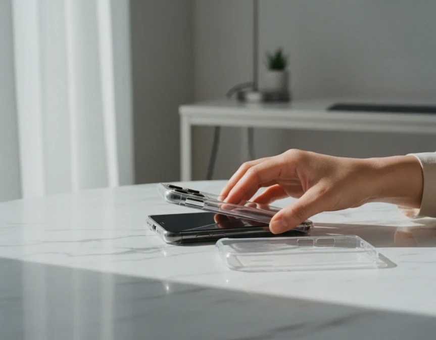 스마트폰 케이스를 벗겨 시원한 대리석 테이블 위에 올려두는 한국 여성의 손