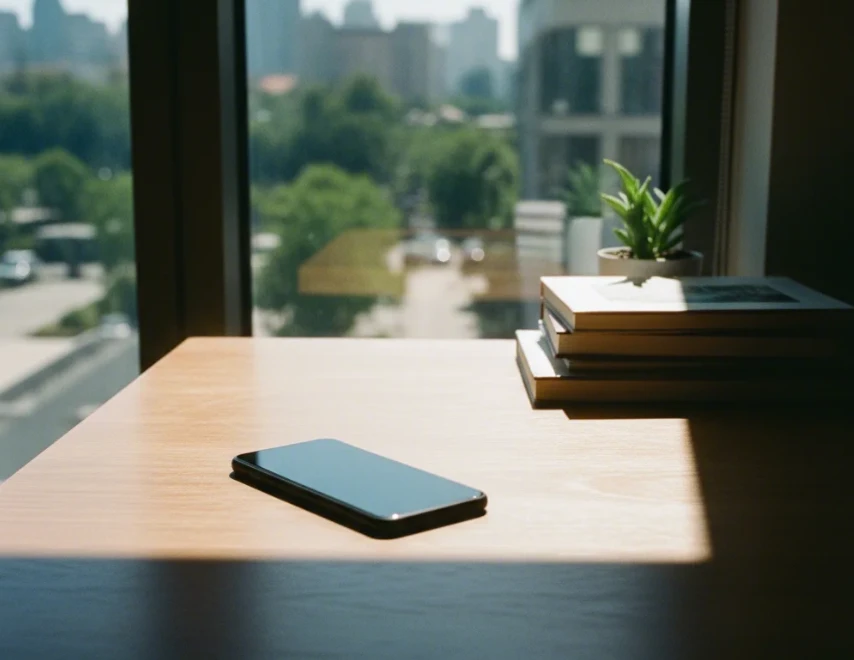 직사광선이 비치는 창가 근처에 놓인 스마트폰과 대비되는 그늘진 곳