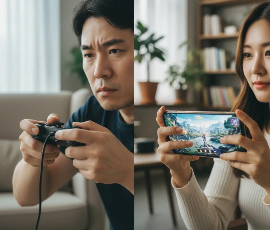 컨트롤러를 쥐고 진지하게 게임하는 게이머와 대화면으로 RPG를 즐기는 한국 여성의 모습
