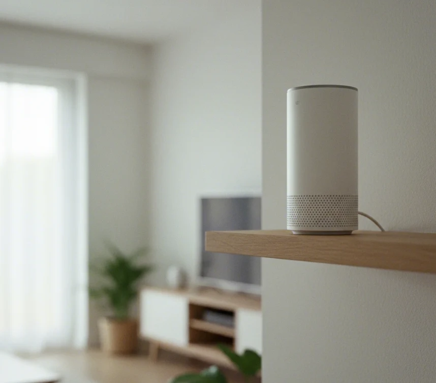 집 중앙의 선반 위에 놓여 주변 간섭 없이 신호를 받고 있는 와이파이 공유기