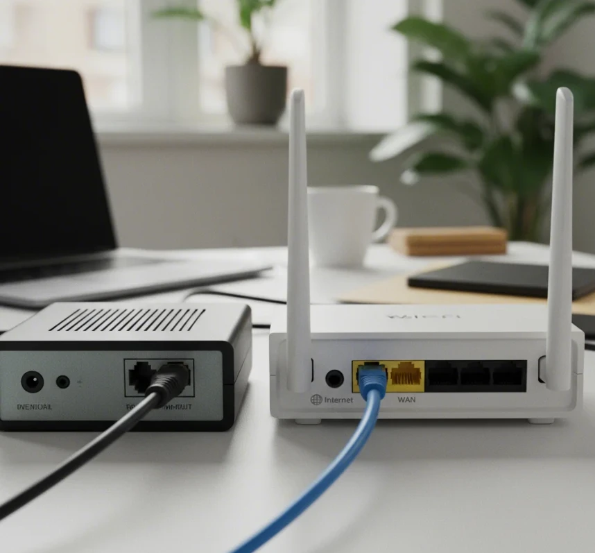 모뎀의 LAN 포트와 공유기의 WAN 포트를 연결하는 이더넷 케이블 클로즈업