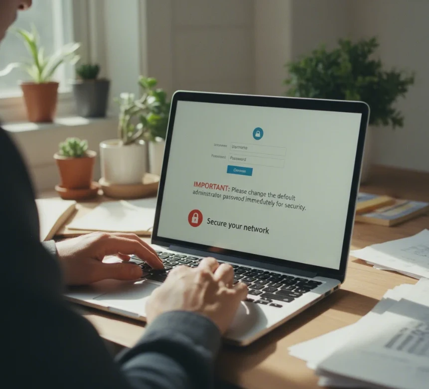 컴퓨터 화면에 와이파이 공유기 관리자 페이지 로그인 창과 복잡한 비밀번호 입력 모습