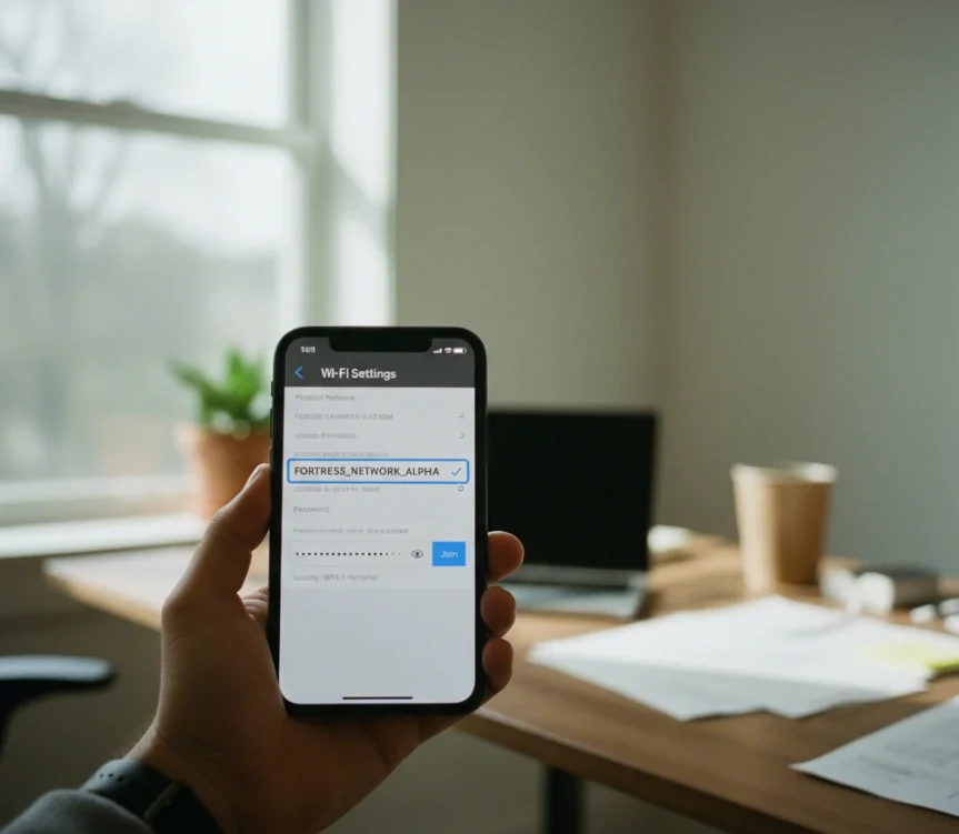 스마트폰 화면에 새로운 와이파이 이름과 WPA2 보안 설정, 강력한 비밀번호가 입력된 모습