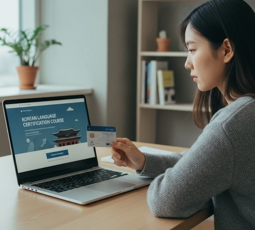 노트북 앞에서 온라인 강의 결제를 위해 지역화폐 카드를 준비하는 한국 여성의 모습