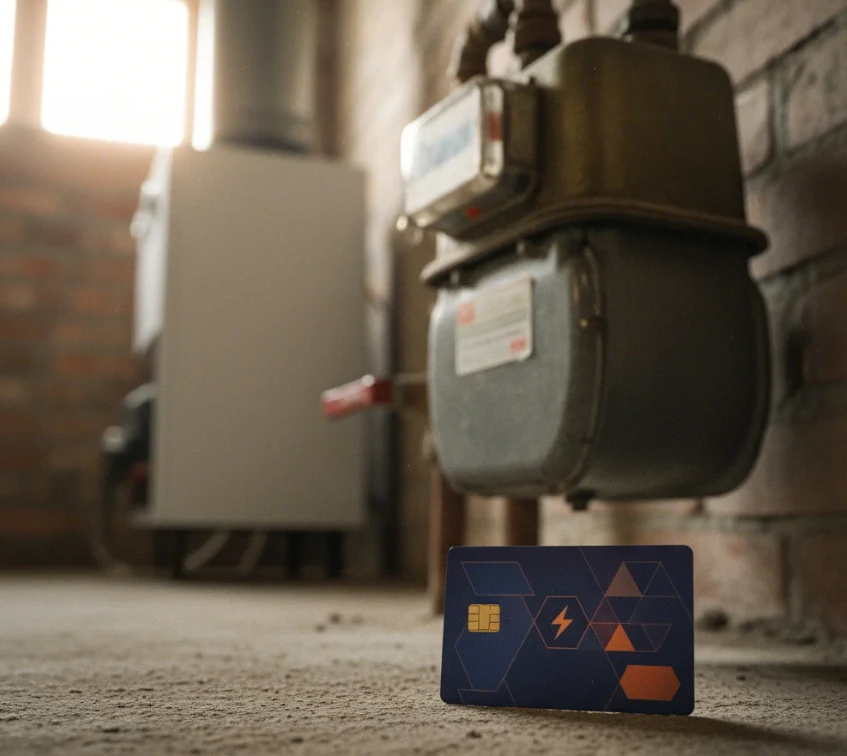 도시가스 계량기 근처에 놓인 에너지바우처 카드 클로즈업 사진