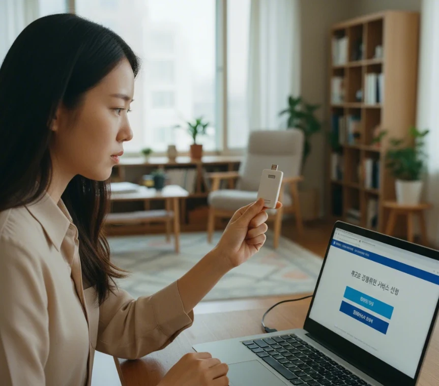 한국 여성이 집에서 노트북으로 정부 복지 웹사이트에 접속하여 신청하는 모습