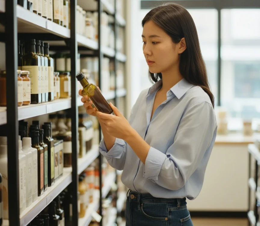 20대 한국 여성이 식료품 선반 앞에서 작은 용량의 올리브 오일 병을 들고 제조일자를 주의 깊게 확인하는 장면