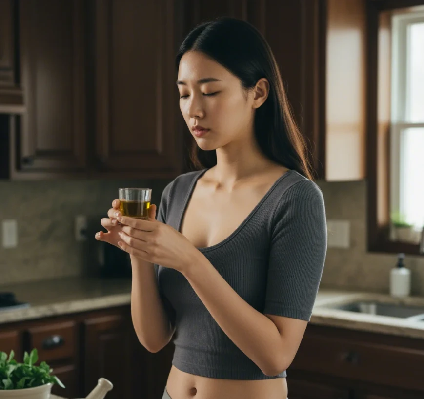 20대 한국 여성이 주방 찬장 옆에서 올리브 오일 병의 뚜껑을 열고 코를 가까이 대어 냄새를 맡아 신선도를 확인하는 모습