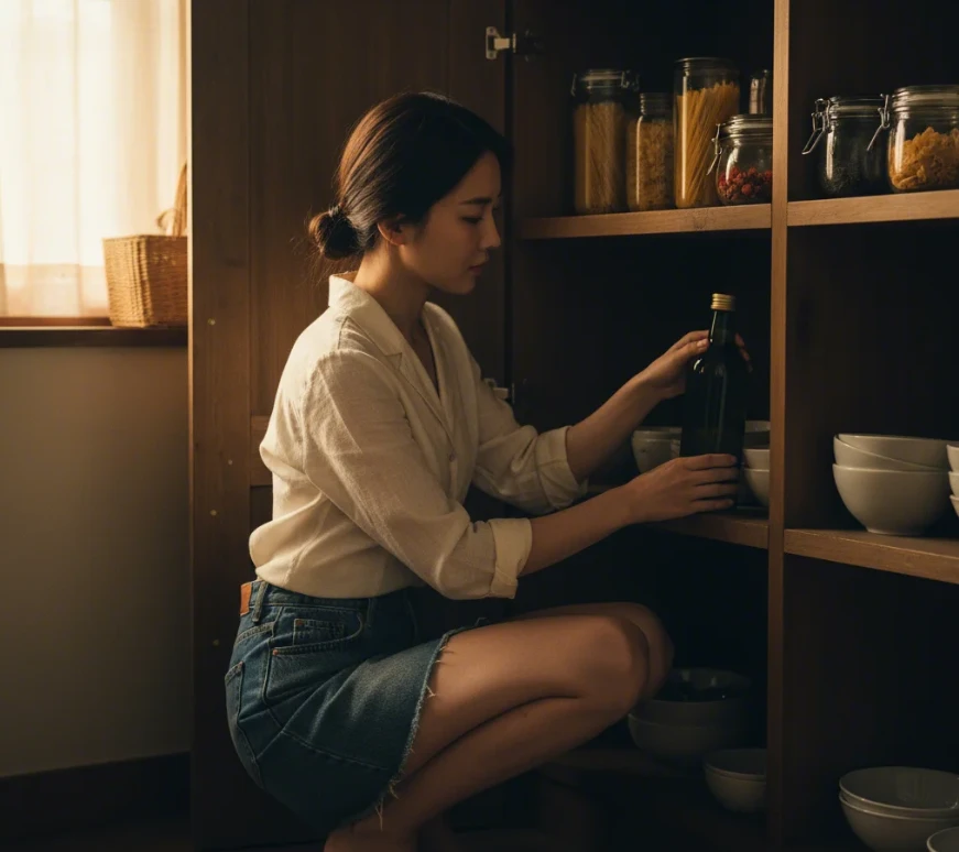 20대 한국 여성이 어두운 유리병에 담긴 올리브 오일을 주방 찬장 깊숙한 곳, 어둡고 서늘한 공간에 보관하는 모습