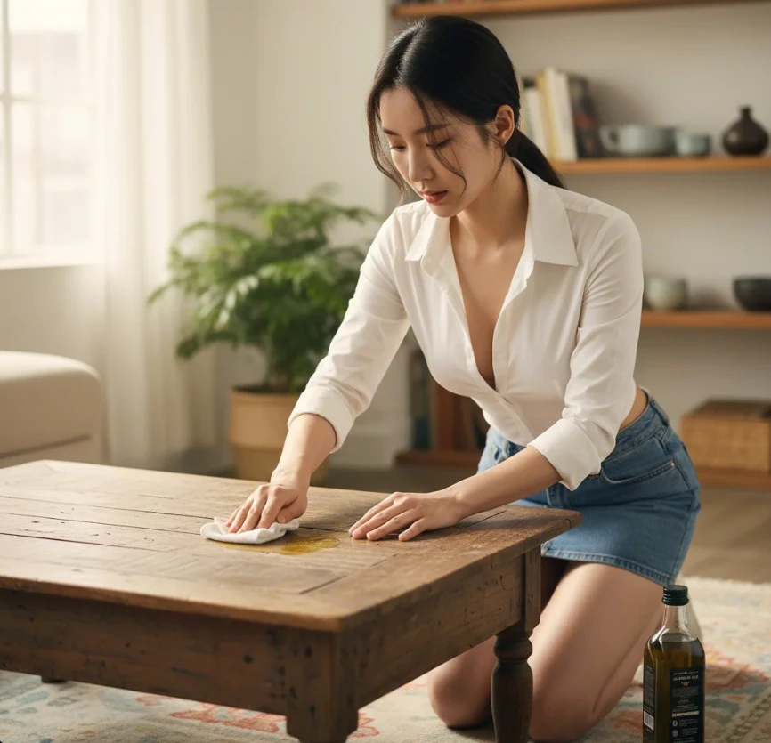 20대 한국 여성이 오래된 올리브 오일을 천에 묻혀 목재 가구를 닦는 모습, 섭취 대신 재활용을 상징