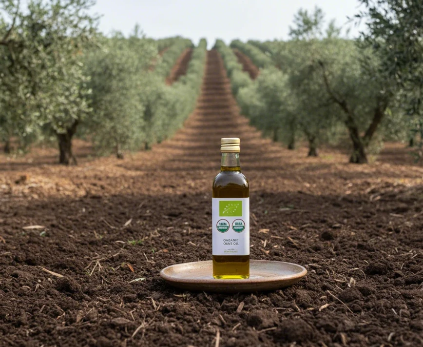 EU 유로 리프 마크와 USDA 유기농 마크가 동시에 보이는 라벨이 붙은 올리브 오일 병을, 건강한 유기농 올리브 나무가 심긴 토양 위에 놓은 장면