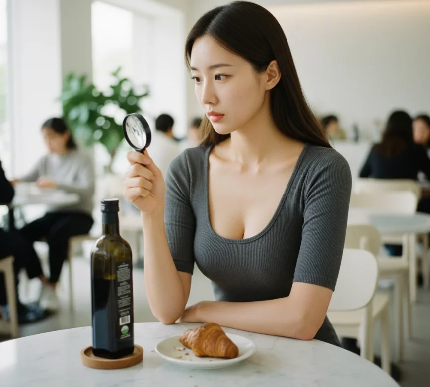 20대 한국 여성이 유기농 올리브 오일 라벨에서 작은 글씨로 인쇄된 산도(Acidity)와 수확일자를 돋보기로 확인하는 모습