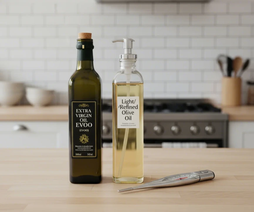 정제 올리브 오일 병과 엑스트라 버진 올리브 오일 병이 나란히 놓여 있고, 그 옆에 '발연점'이 표시된 온도계가 놓여 있는 모습