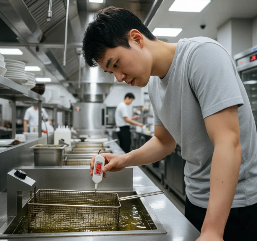 20대 한국 남성이 주방에서 튀김용 냄비 속의 오일에 온도계를 넣어 180°C 이하의 안전 온도를 확인하는 모습