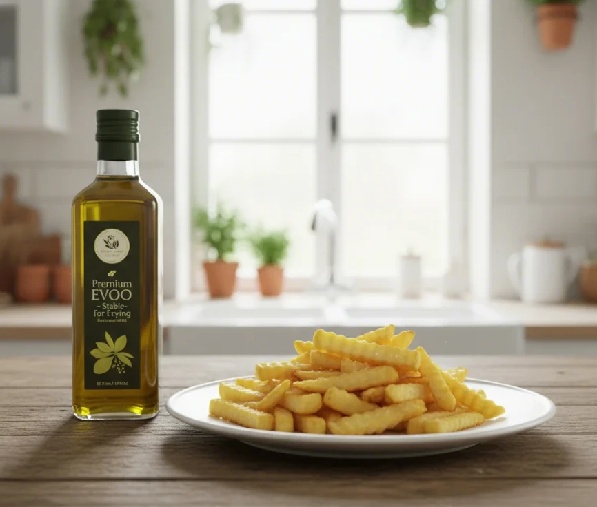 잘 튀겨진 바삭한 감자튀김과 함께, 엑스트라 버진 올리브 오일 병이 놓여 있어 건강한 튀김 요리 오해를 해소함을 상징