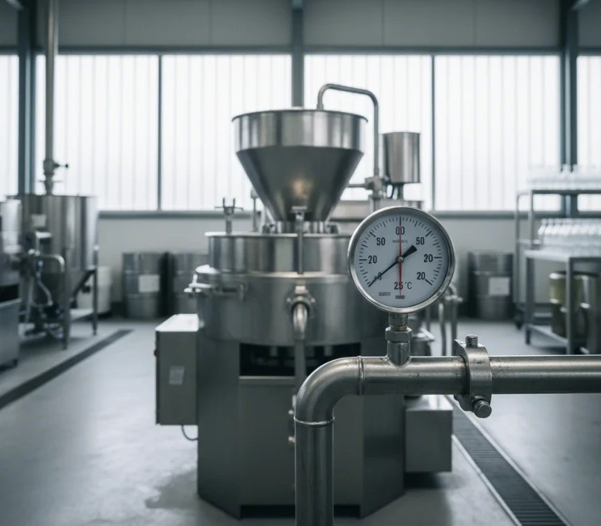 올리브 오일 추출 기계 근처에 놓인 온도계가 27°C 이하를 가리키고 있는 모습, 냉압착 기준을 시각화