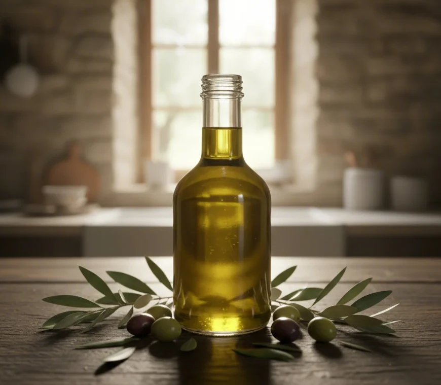 신선한 올리브 잎과 열매 옆에 놓인 냉압착 올리브 오일 병, 풍부한 항산화 성분을 상징