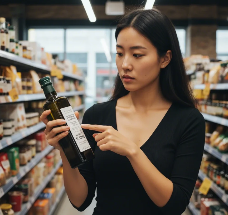 20대 한국 여성이 올리브 오일 병 라벨의 수확일자, 산도 등 핵심 정보를 꼼꼼히 확인하는 모습