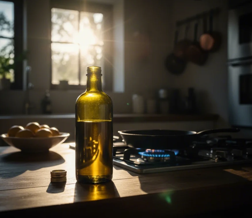 주방 카운터 위, 햇빛과 스토브 열기에 노출되어 뚜껑이 열려 있는 올리브 오일 병의 모습