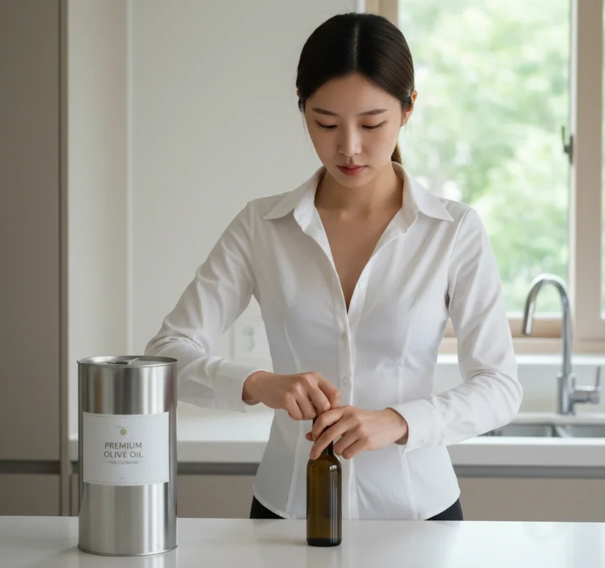 20대 한국 여성이 대용량 올리브 오일 병 옆에 소용량으로 덜어 담은 어두운 병을 들고, 뚜껑을 단단히 밀봉하는 모습