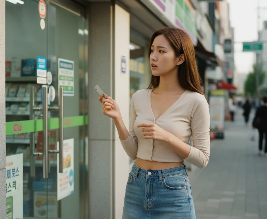 편의점 앞에서 상생페이백 2차 포인트 사용 가능 여부를 고민하는 20대 한국 여성