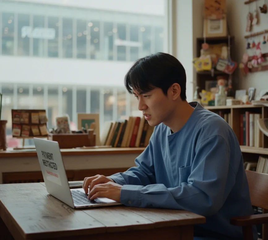 온라인 쇼핑몰에서 상생페이백 2차 포인트 결제를 시도했으나 실패하는 20대 한국 남성