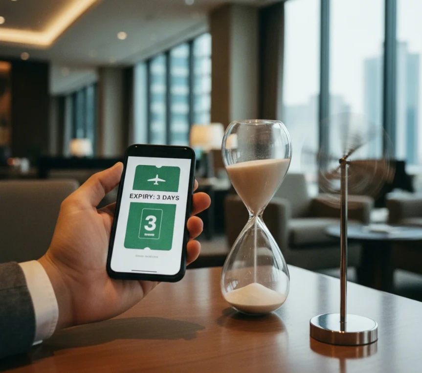 숙박세일페스타 쿠폰 사용 기한이 빠르게 지나 소멸되는 것을 상징하는 시계와 쿠폰 이미지