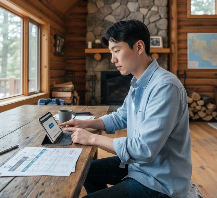 쿠폰 발급 시간에 맞춰 숙박세일페스타 예약을 성공시키기 위해 전략을 짜는 20대 한국 남성