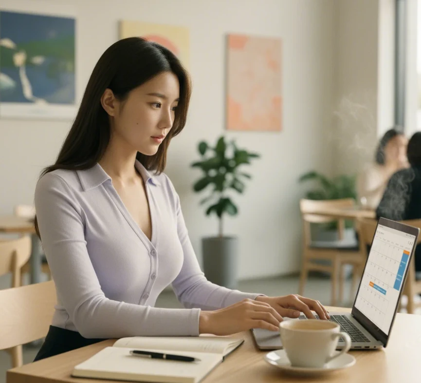 2025년 한국 블랙프라이데이 세일 일정을 노트북과 다이어리에 정리하며 계획하는 20대 초반의 한국 여성