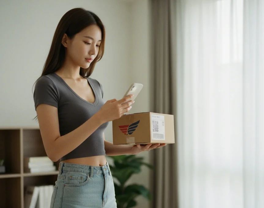 한국 여성이 UPS 또는 FedEx 로고가 보이는 해외 택배 상자를 들고 서 있는 모습.