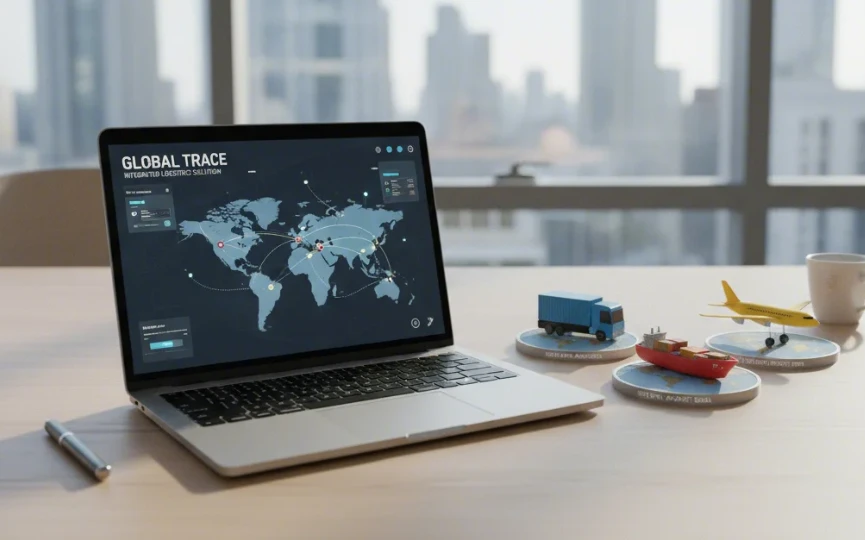 여러 개의 배송 경로가 통합되어 하나의 화면에 나타나는 노트북 디스플레이를 클로즈업한 사진.